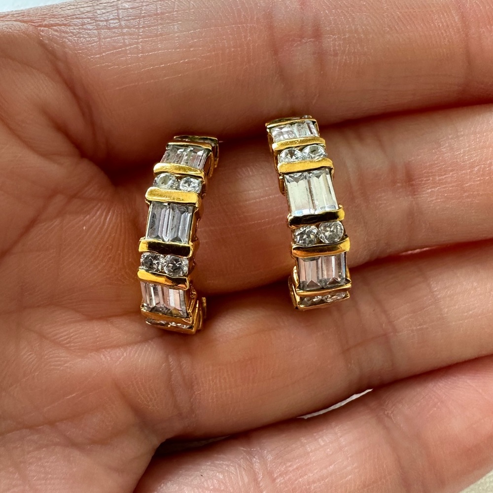 Gold Plated Baguette Cut Cubic CZ half hoop stud earrings
